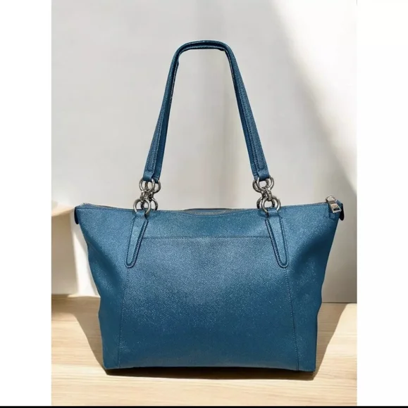 *SOLD* Coach Ava Teal Metallic Glitter Leather Bag Tote Peacock Aqua - Picture 3 of 12